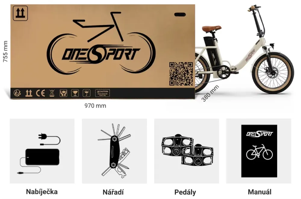 Skládací městské elektrokolo OT16 - obsah balení a rozměry