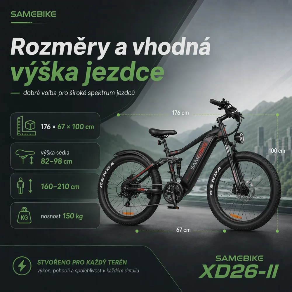 SAMEBIKE XD26-II rozměry a vhodná výška jezdce