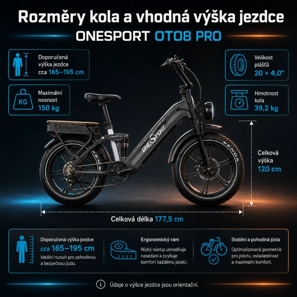 ONESPORT OT08 PRO rozměry kola a vhodná výška jezdce
