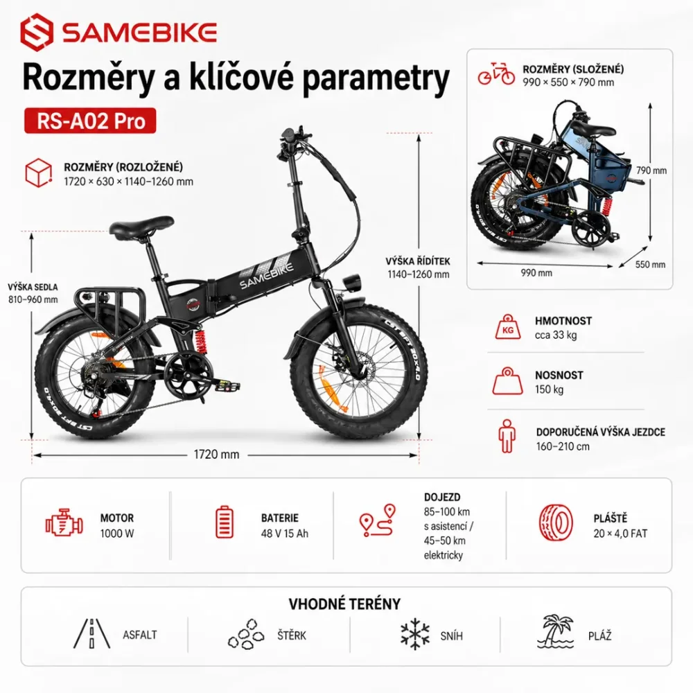 SAMEBIKE RS-A02 Pro rozměry a klíčové parametry