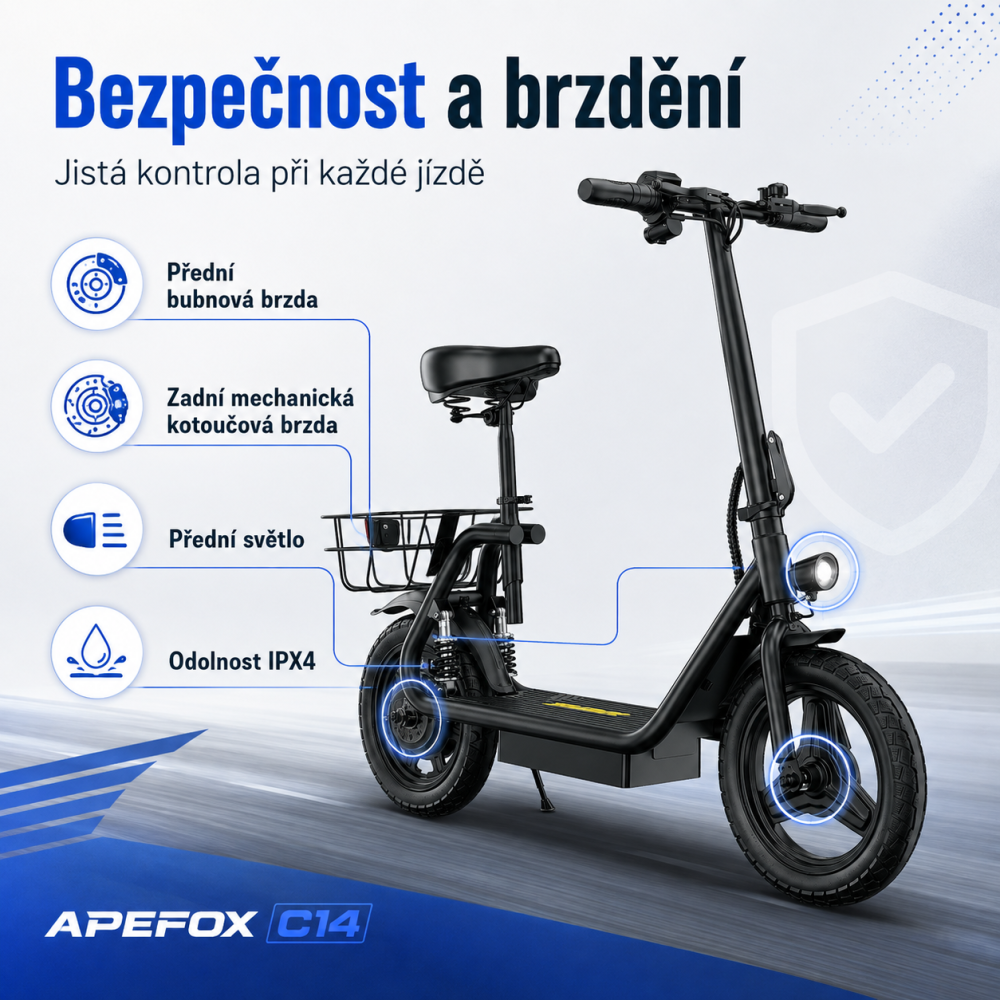 APEFOX C14 brzdy a bezpečnostní výbava