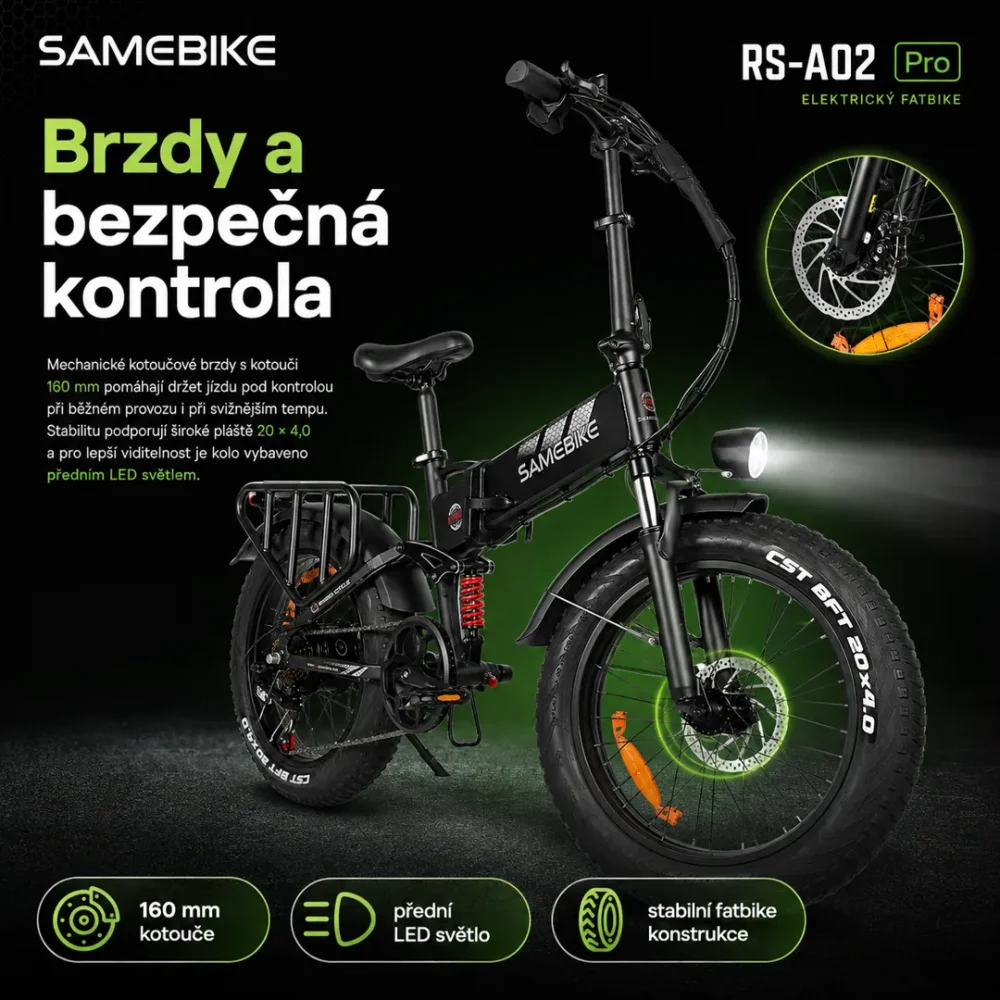 SAMEBIKE RS-A02 Pro brzdy a bezpečná kontrola
