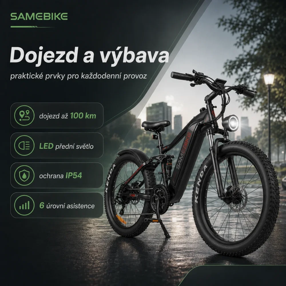 SAMEBIKE XD26-II praktická výbava a dojezd