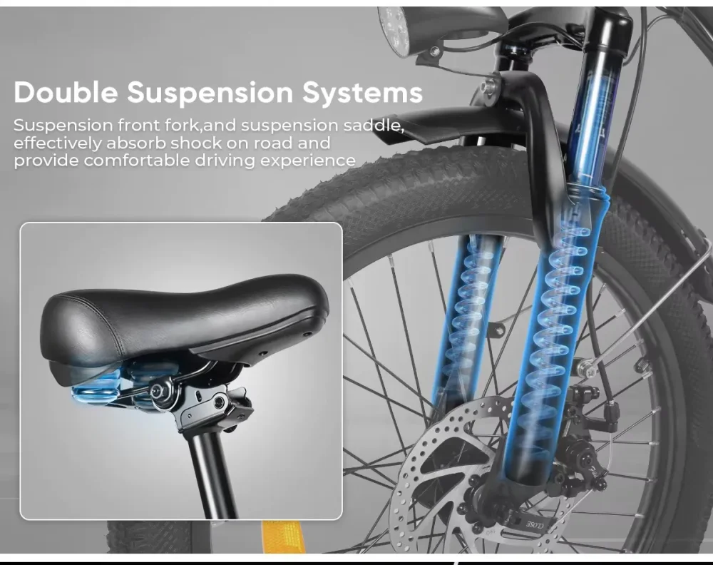 Samebike CY20 – dual odpružení, přední vidlice a sedlovka