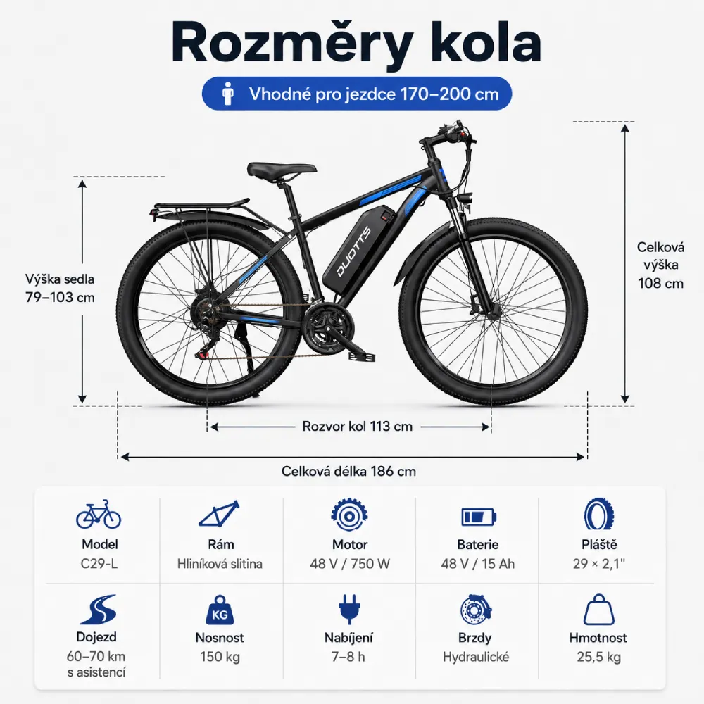 DUOTTS C29L rozměry kola a vhodná výška jezdce